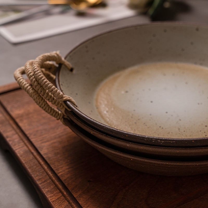 Gohobi Handmade ceramic pasta bowl plate with rattan holder Japanese style tableware stoneware