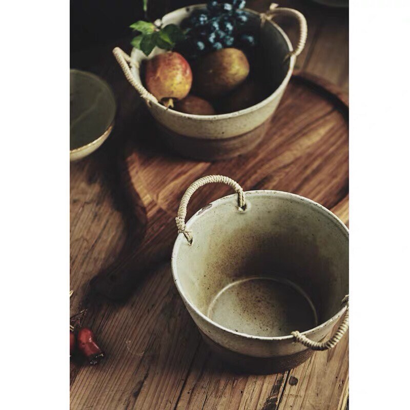 Gohobi Ceramic bowl Japanese style tableware with rattan handle