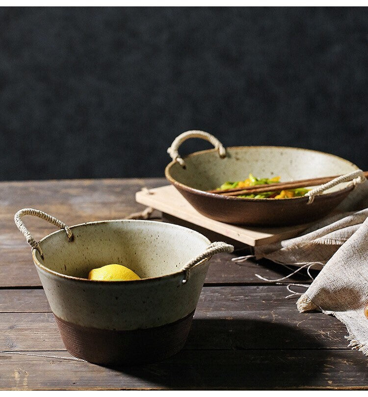 Gohobi Handmade ceramic pasta bowl plate with rattan holder Japanese style tableware stoneware