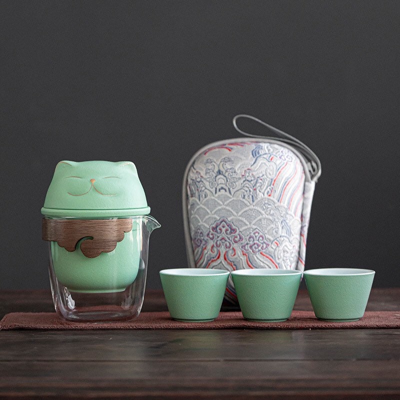 Gohobi Cat tea cup [UK stock- FREE Travel case] with Infuser and 3 small tea cups, office Tea Mug with Lid, Lucky cat Japanese cat tea mug