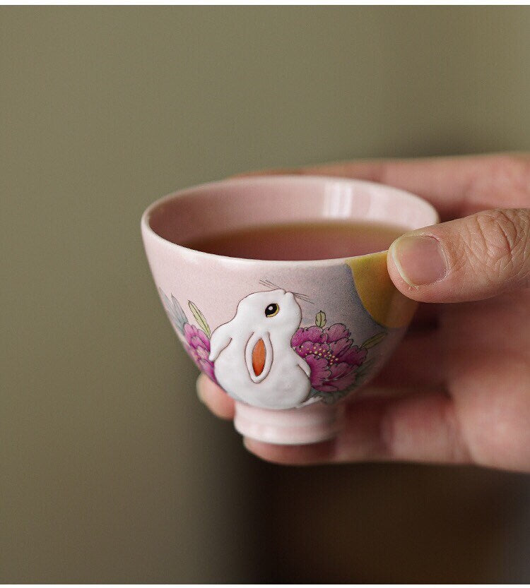 Gohobi Rabbit Handmade Pink Tea cup, Hand painted, vintage, high quality, Rustic, Minimalistic Japanese Tea, Green Tea, Gongfu tea