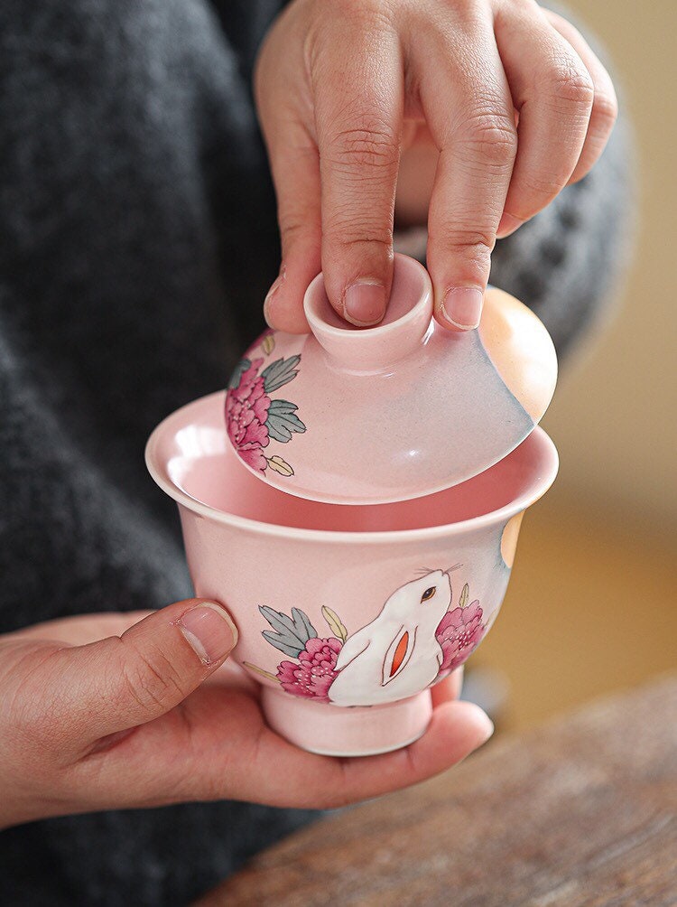 Gohobi Rabbit Handmade Pink gaiwan, Hand painted, vintage, high quality, Rustic, Minimalistic Japanese Tea, Green Tea, Gongfu tea