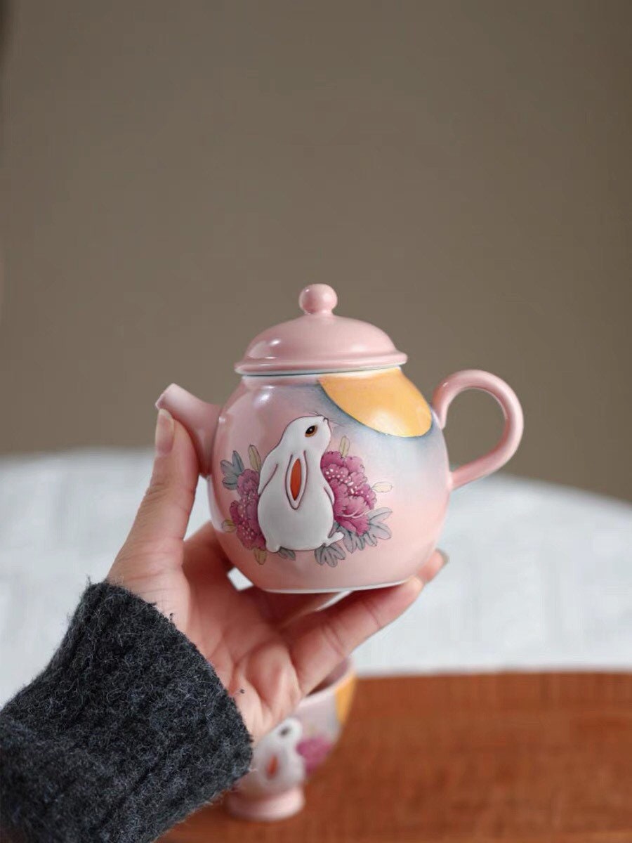 Gohobi Rabbit Handmade Pink gaiwan, Hand painted, vintage, high quality, Rustic, Minimalistic Japanese Tea, Green Tea, Gongfu tea