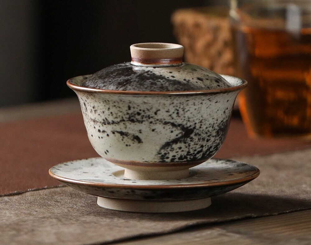 Gohobi Handmade ceramic Gaiwan Chinese Gongfu tea Japanese Teacup small green tea cup [Black ink collection] 