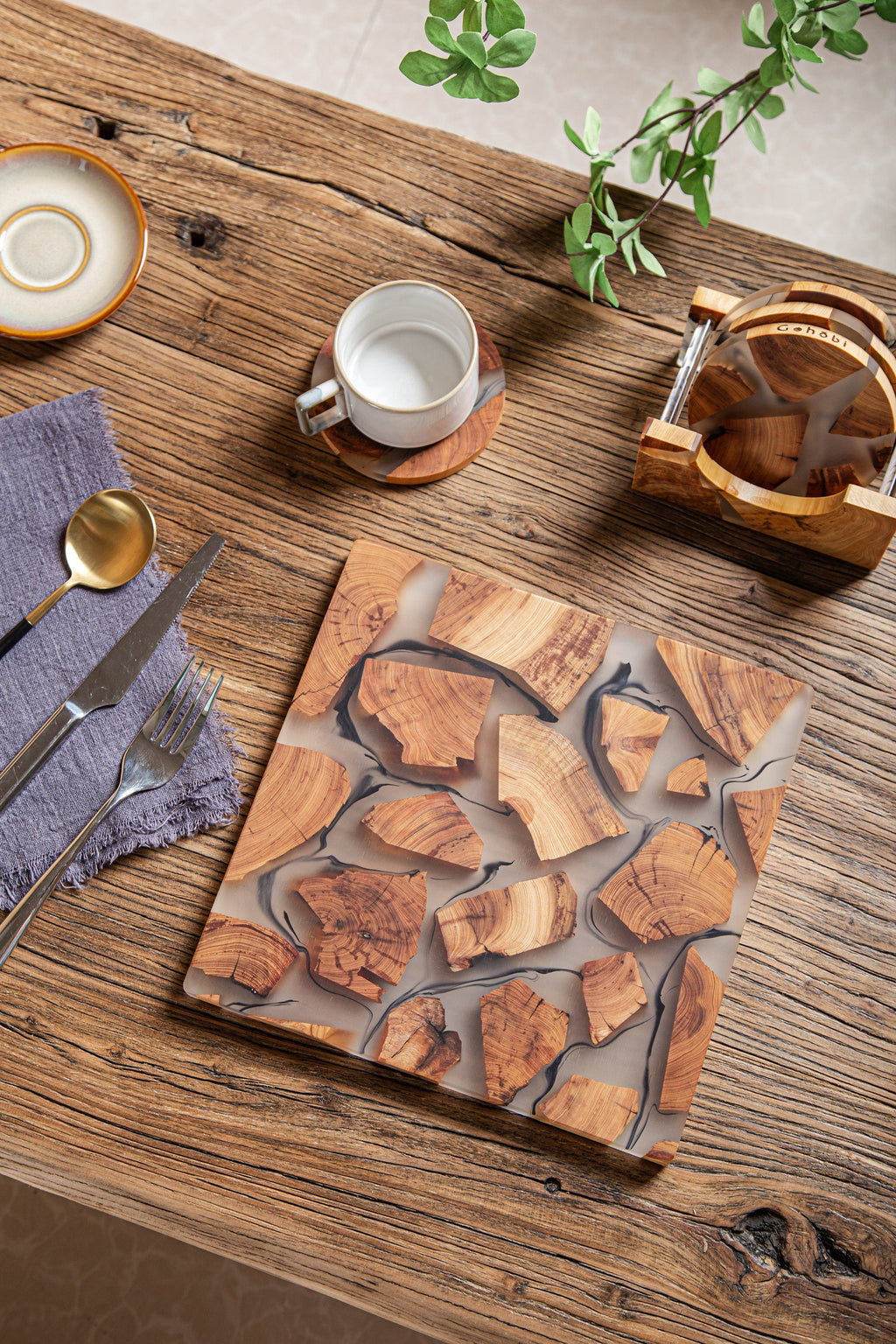 Gohobi Handmade Wood Resin placemats Square 24 cm luxury epoxy tea drink placemat unique tableware Japanese wooden drinkware unique