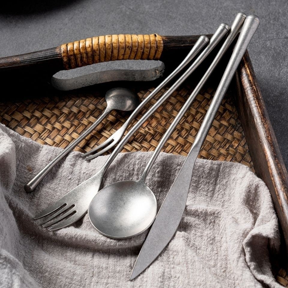 Gohobi a set of 5 stonewashed cutlery set 100% stainless steel travel cutlery set