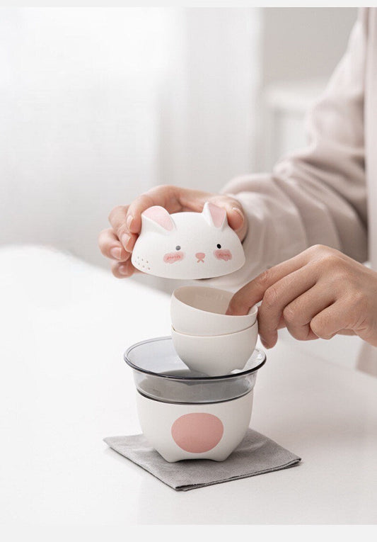 Gohobi Rabbit tea cup [UK stock- FREE Travel case] with Infuser and 2 small tea cups, office Tea Mug with Lid, Japanese tea mug Korean