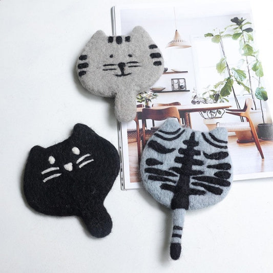 Gohobi Wool coaster, animal coaster, cat coaster, gift for her, gift for him, yellow grey black white cat
