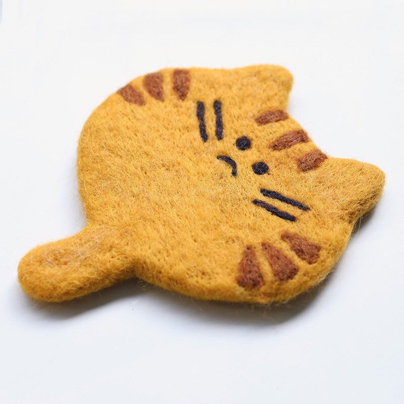 Gohobi Wool coaster, animal coaster, cat coaster, gift for her, gift for him, yellow grey black white cat
