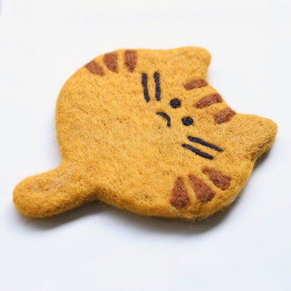 Gohobi Wool coaster, animal coaster, cat coaster, gift for her, gift for him, yellow grey black white cat